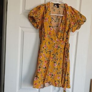 Forever 21 Yellow Floral Wrap Mini Dress